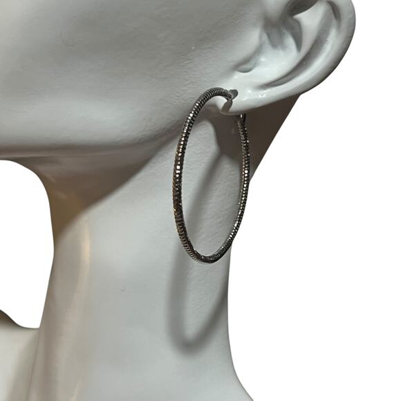 Vintage Silver-Tone Large Hoop Earrings – Textured Pierced Hoops - Picture 2 of 10